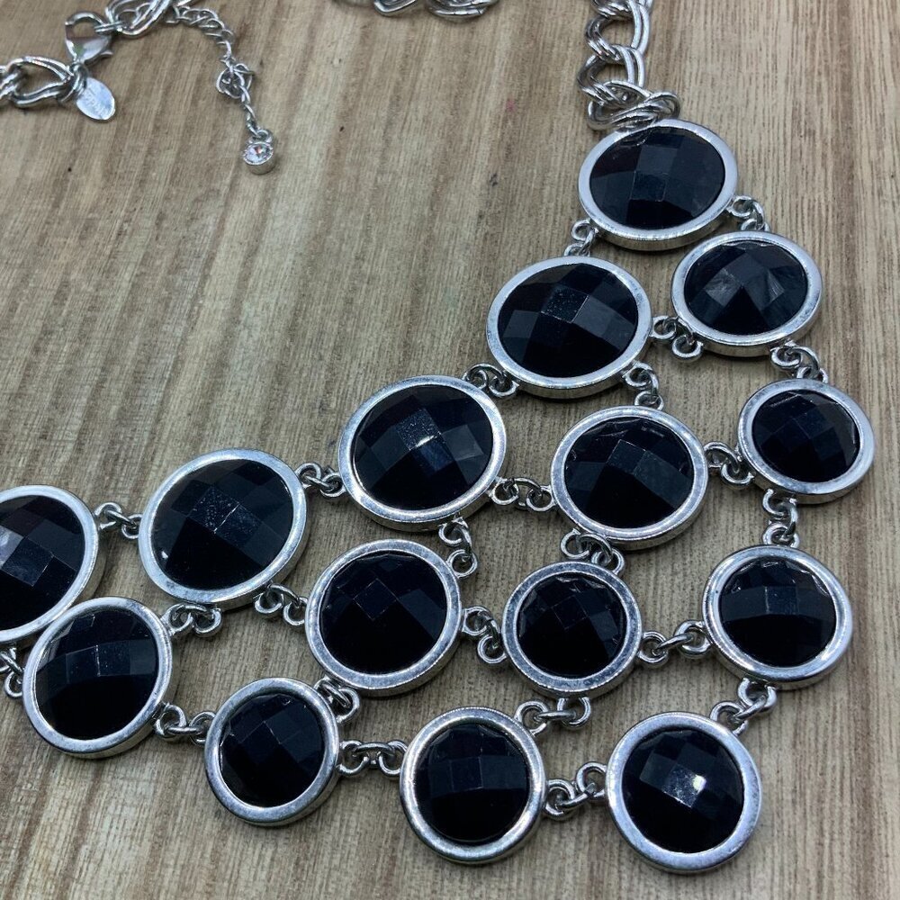 Lia Sophia Keku Black Facet Silver Tone Bib Necklace